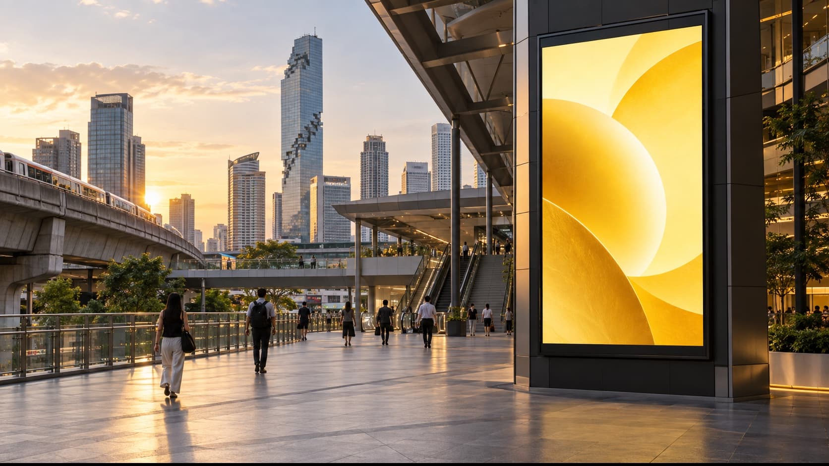 A digital advertising display in a busy city transit plaza