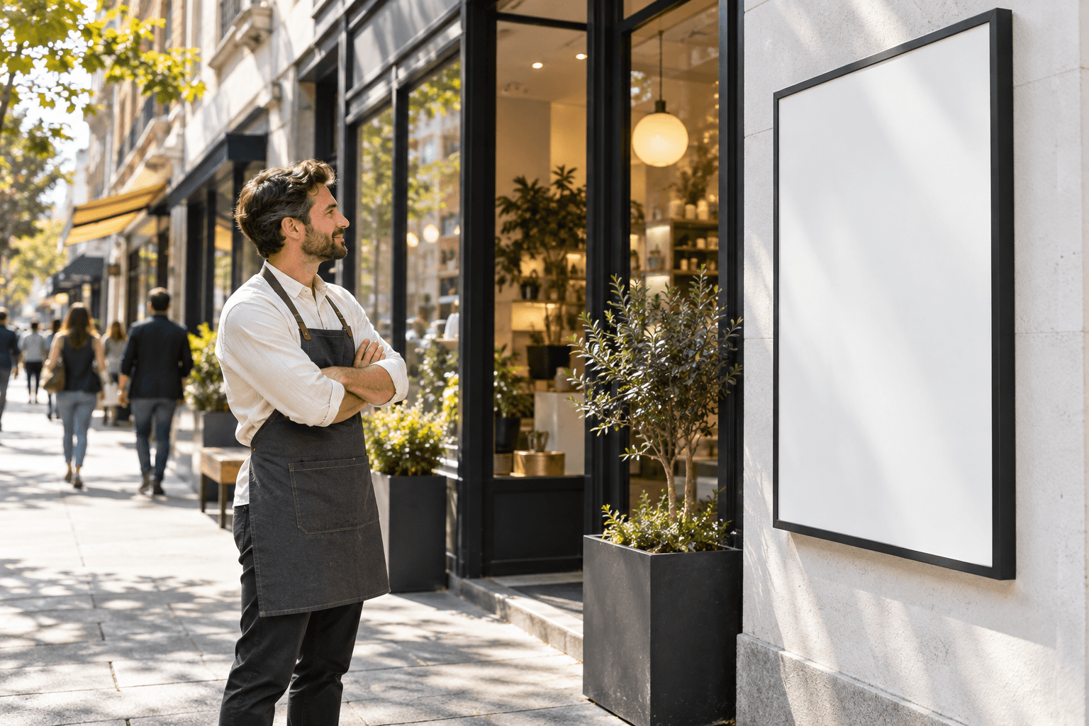A venue owner reviews an advertising panel outside a storefront.