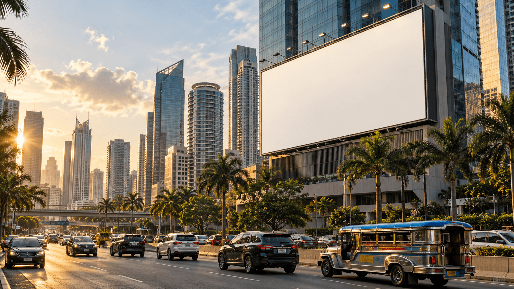 A city billboard overlooking a busy Manila avenue at sunset